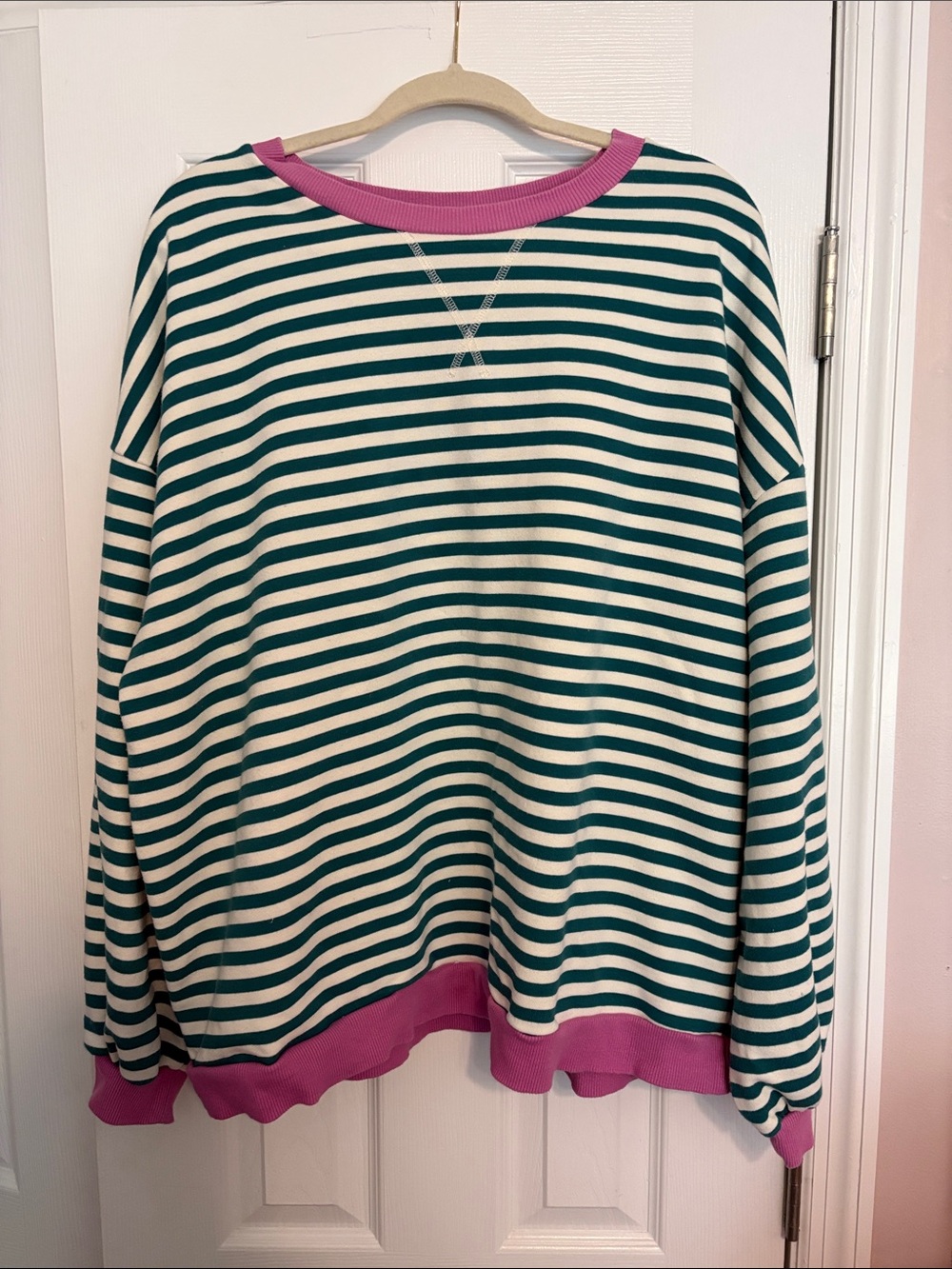 Green and White Striped Sweatshirt with Pink Trim